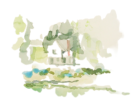 Watercolor illustration of a house surrounded by trees